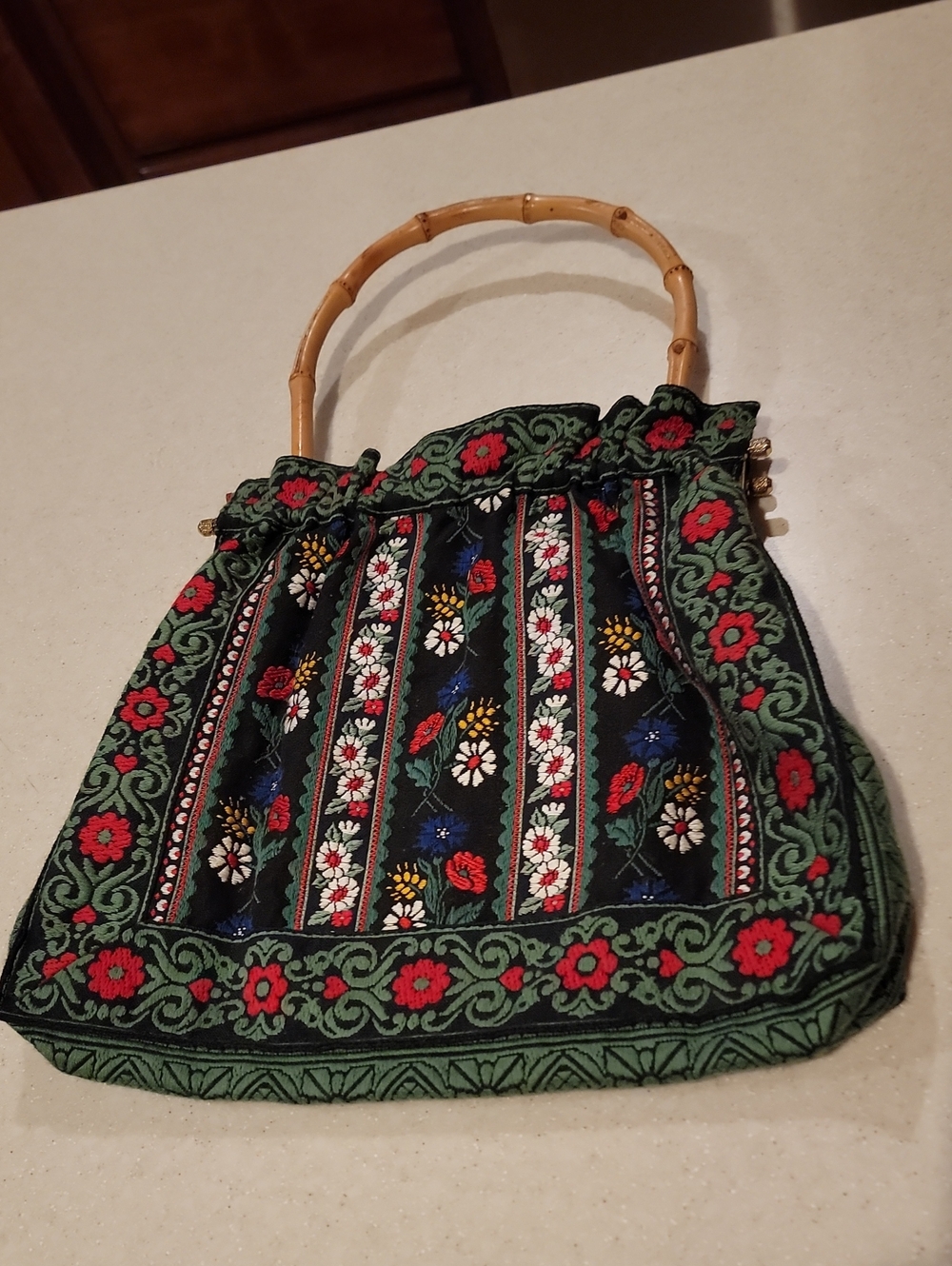 Embroidered Floral Bamboo-Handle Women’s Bag in Black, Green & Red